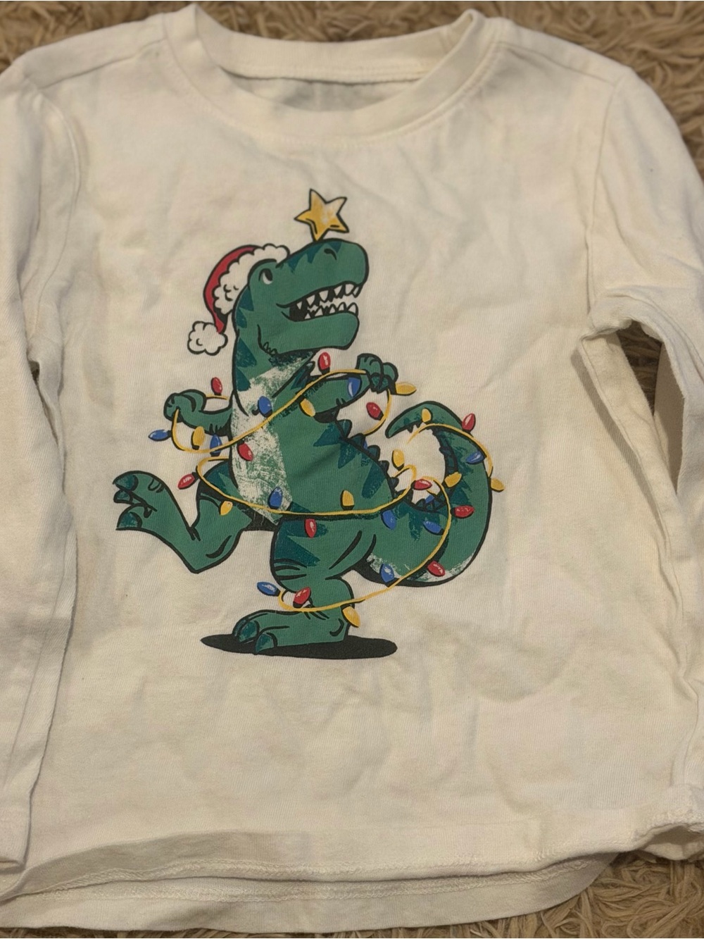 Old Navy White Long-Sleeve Tee with Green Dino and Holiday Lights